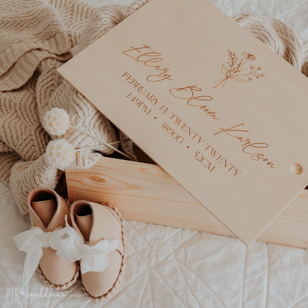 Wooden keepsake box for a baby with all the birth details