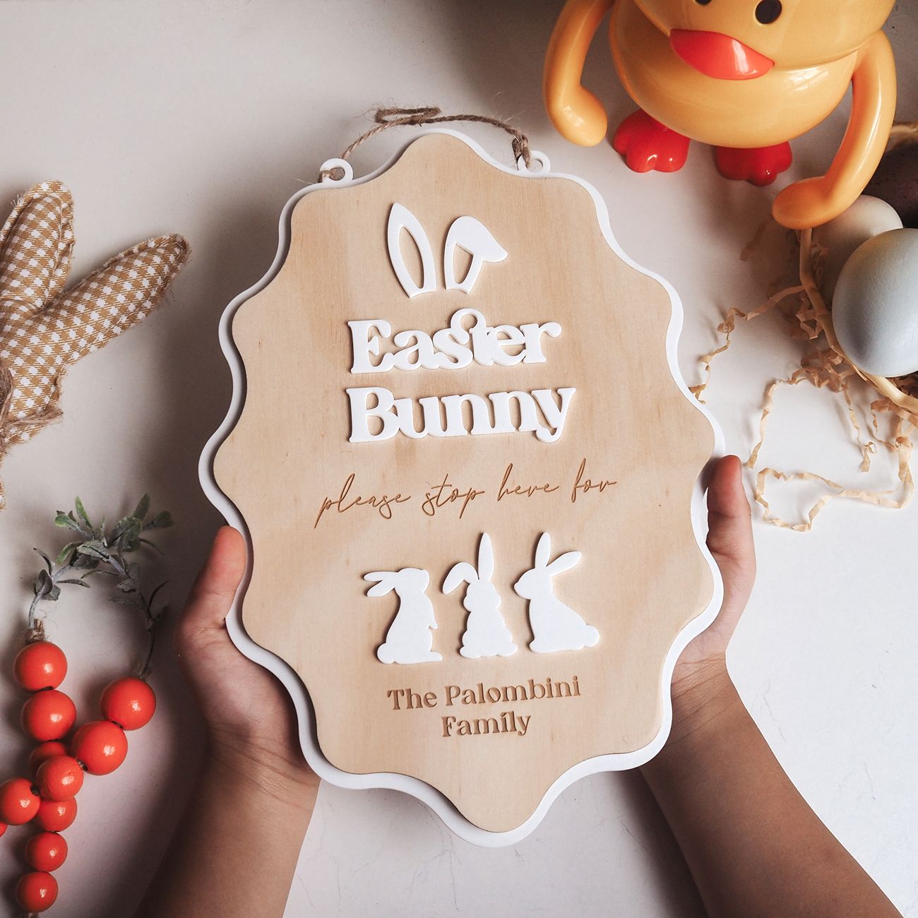 Personalised Easter Bunny Stop Here Sign - Easter Door Sign (Wavy)