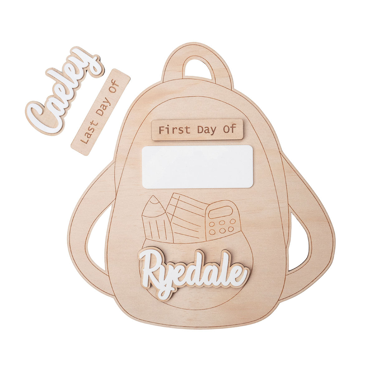 Simple backpack first day of school board on a clean background