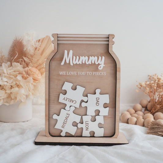 Wooden Jar of Mum With Puzzle Pieces