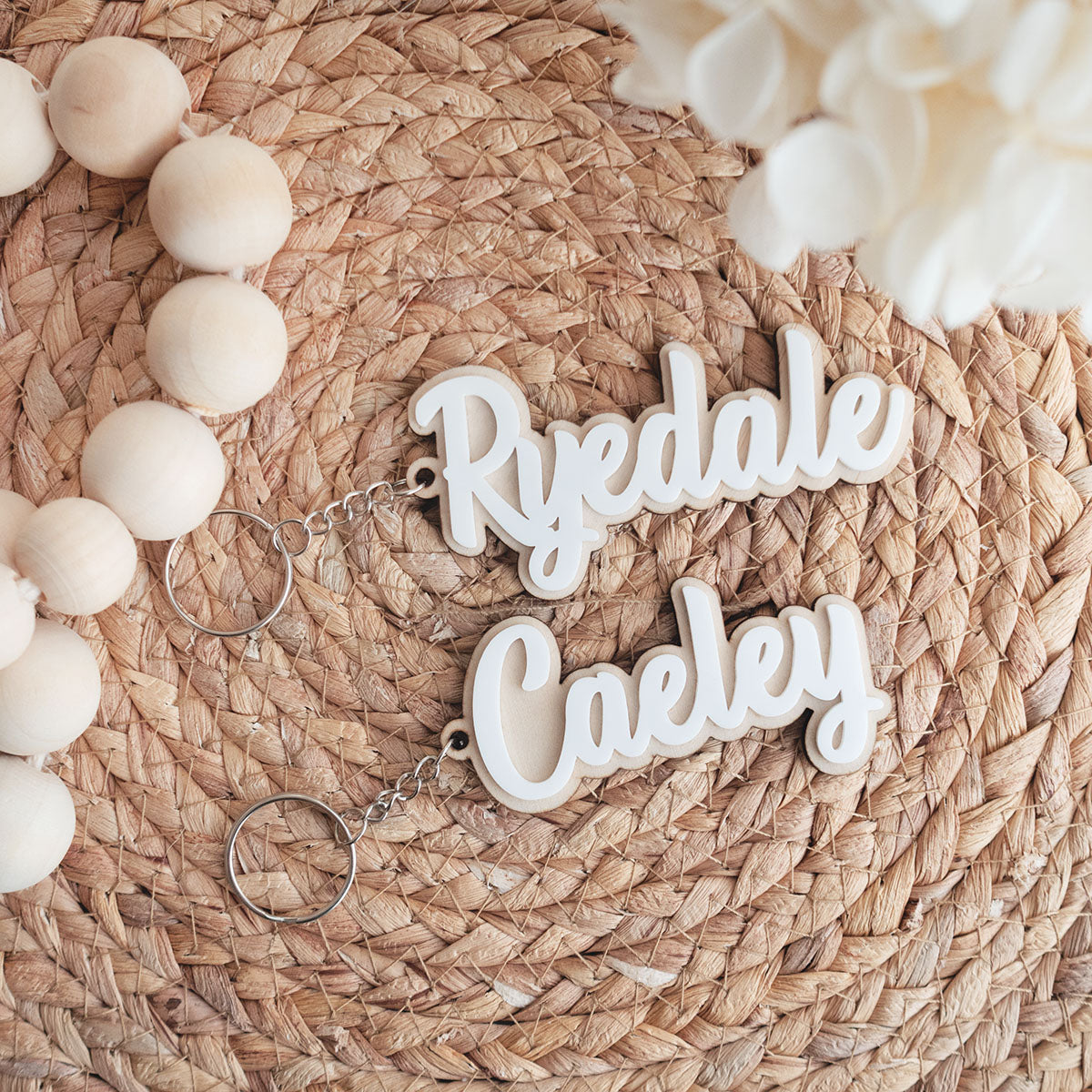 Personalised Bag Tag with white acrylic on wood