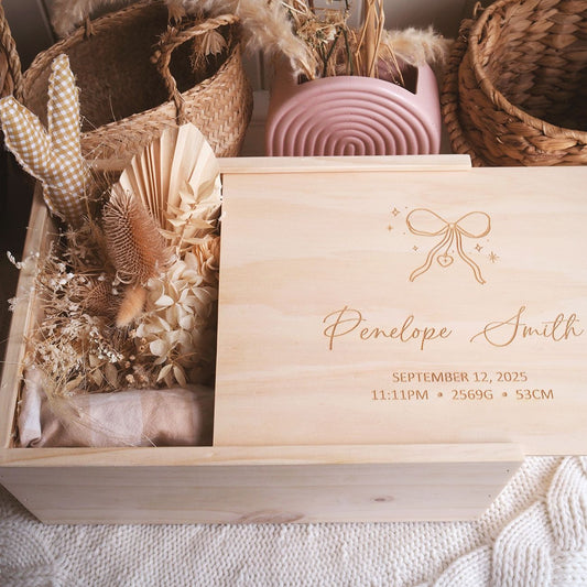 Personalised Baby Keepsake Box with Bow and Sparkle Design - Custom Wooden Memory Box for Newborn Girl by Pip and Willow Australia