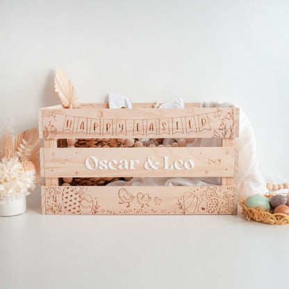 Large Personalized Wooden Easter Crate – Filled with gifts, and other items for the kids. Front View