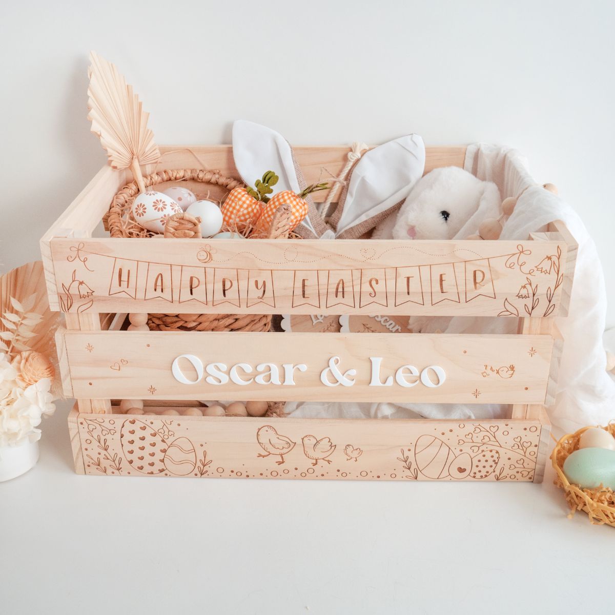 Large Personalized Wooden Easter Crate – Filled with gifts, and other items for the kids. Close up front/top view