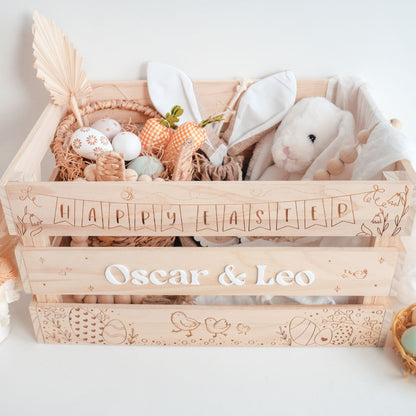 Large Personalized Wooden Easter Crate – Filled with gifts, and other items for the kids. Close up, top view