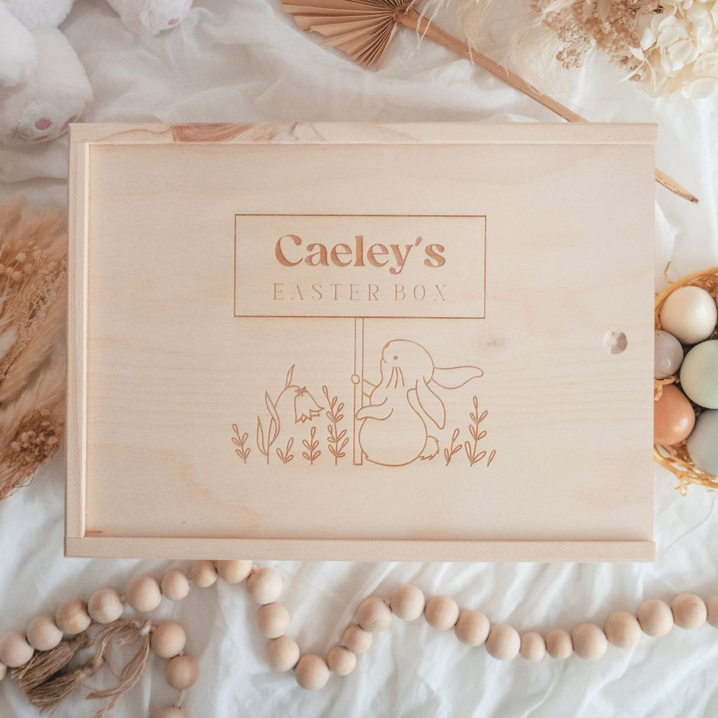 Easter Keepsake box bunny with name sign holding up
