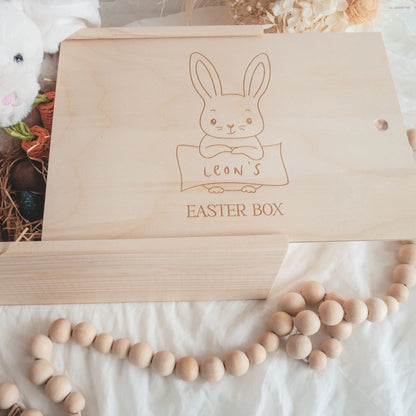 Easter keepsake box bunny with sign in front - lid is open