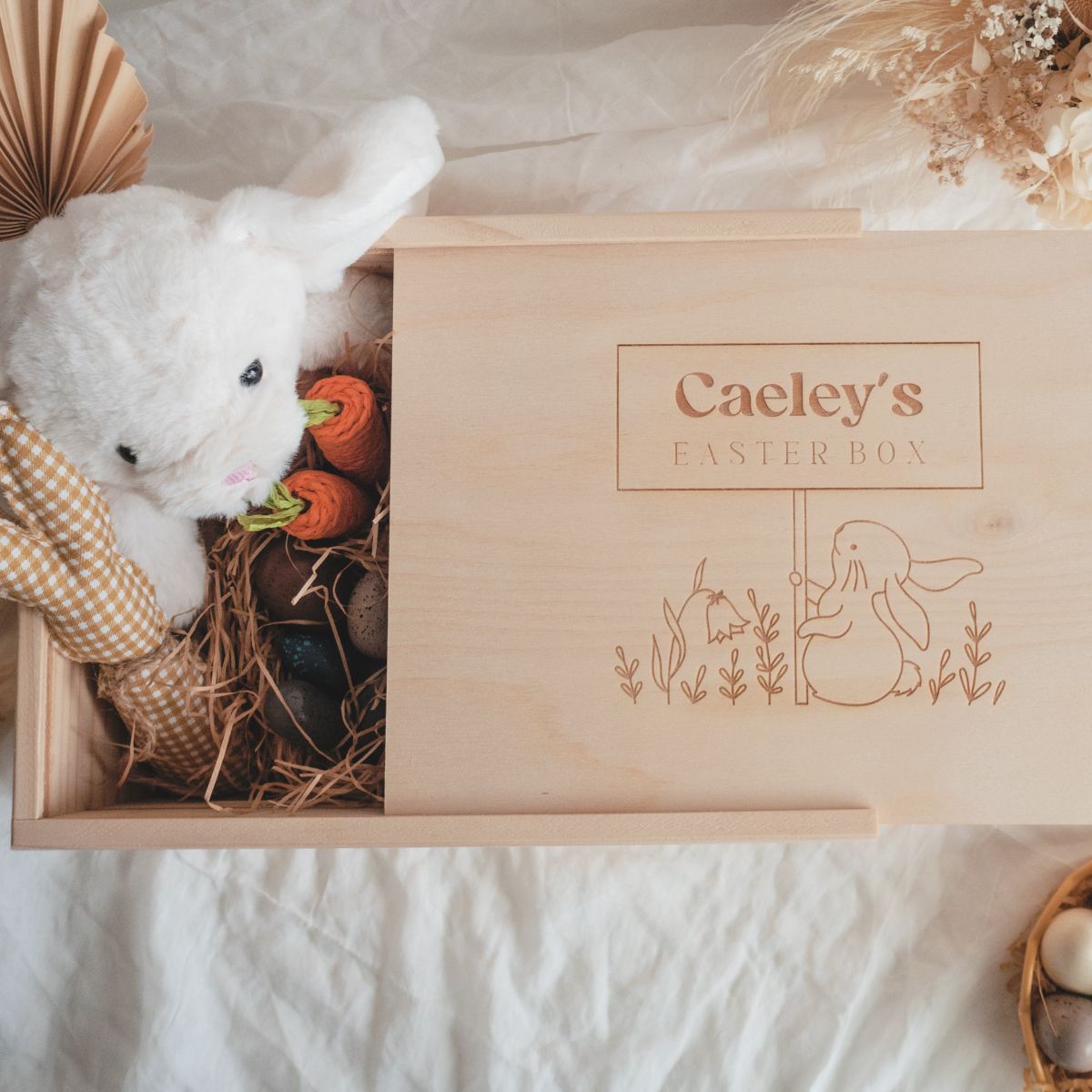 Easter keepsake box with bunny holding a name sign