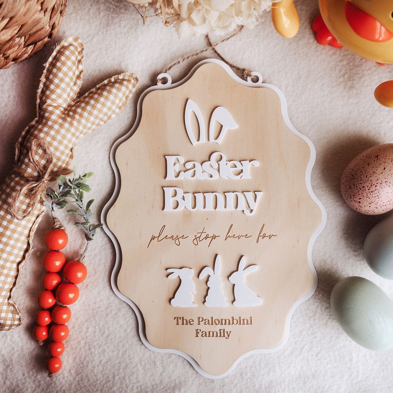 Personalised Easter Bunny Stop Here Sign - Easter Door Sign (Wavy)