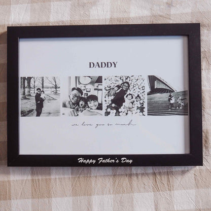 A 4 photo collage in landscape orientation with the writing of DADDY on top, then 4 photos and at the bottom of the picture is the phrase we love you so much. The frame is black with white print of "Happy Father's Day". Gingham background