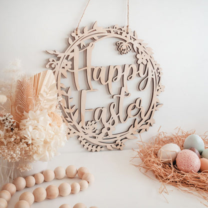 Wooden Floral Easter Wreath - Happy Easter