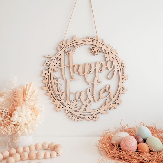 Wooden Floral Easter Wreath - Happy Easter