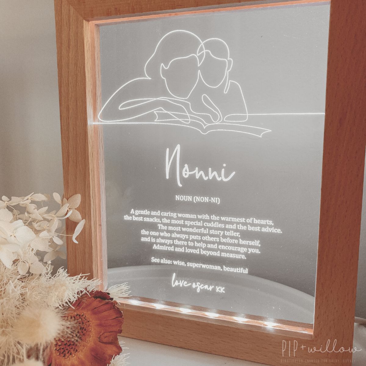 This is a Grandmother frame light normally given as a gift for Mother's day. The text on the frame is about a definition of a Grandmother. Photo is a closeup