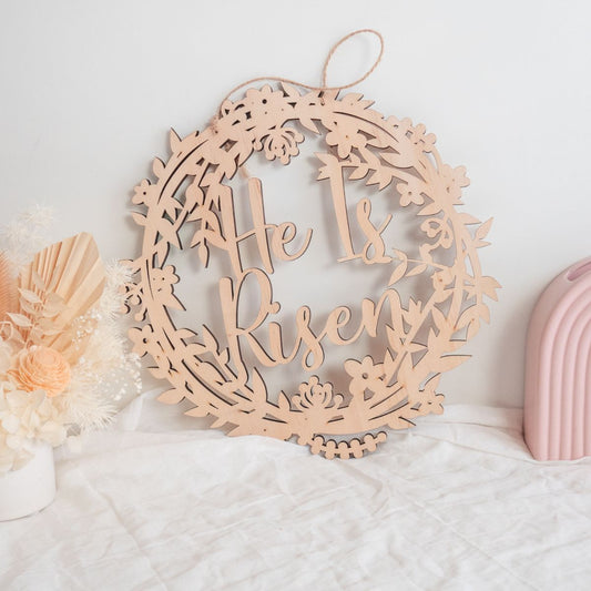 Wooden Floral Easter Wreath - He Is Risen