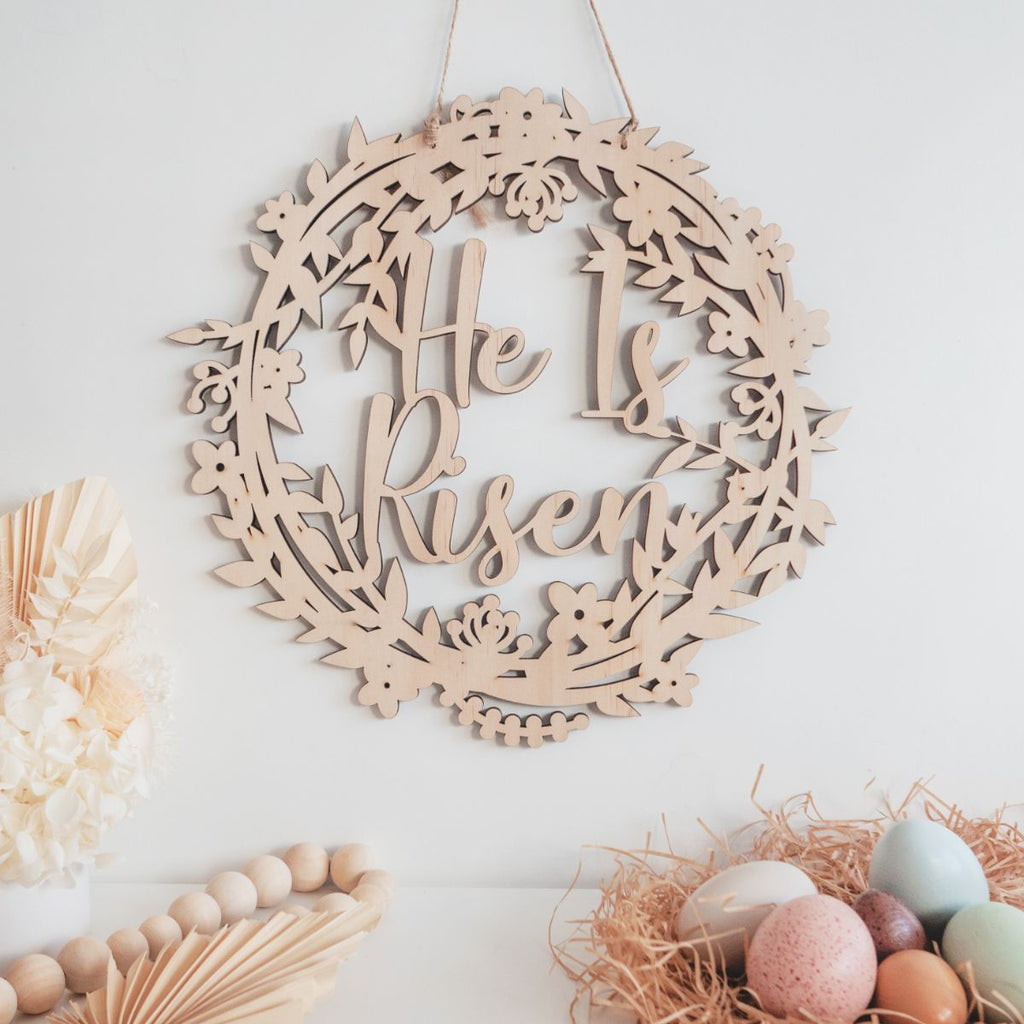 Wooden Floral Easter Wreath - He Is Risen