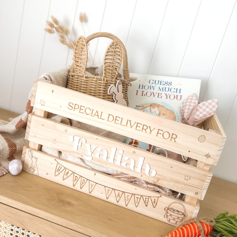 A large Easter Crate box with the text special delivery for. Photo is front/angled view.