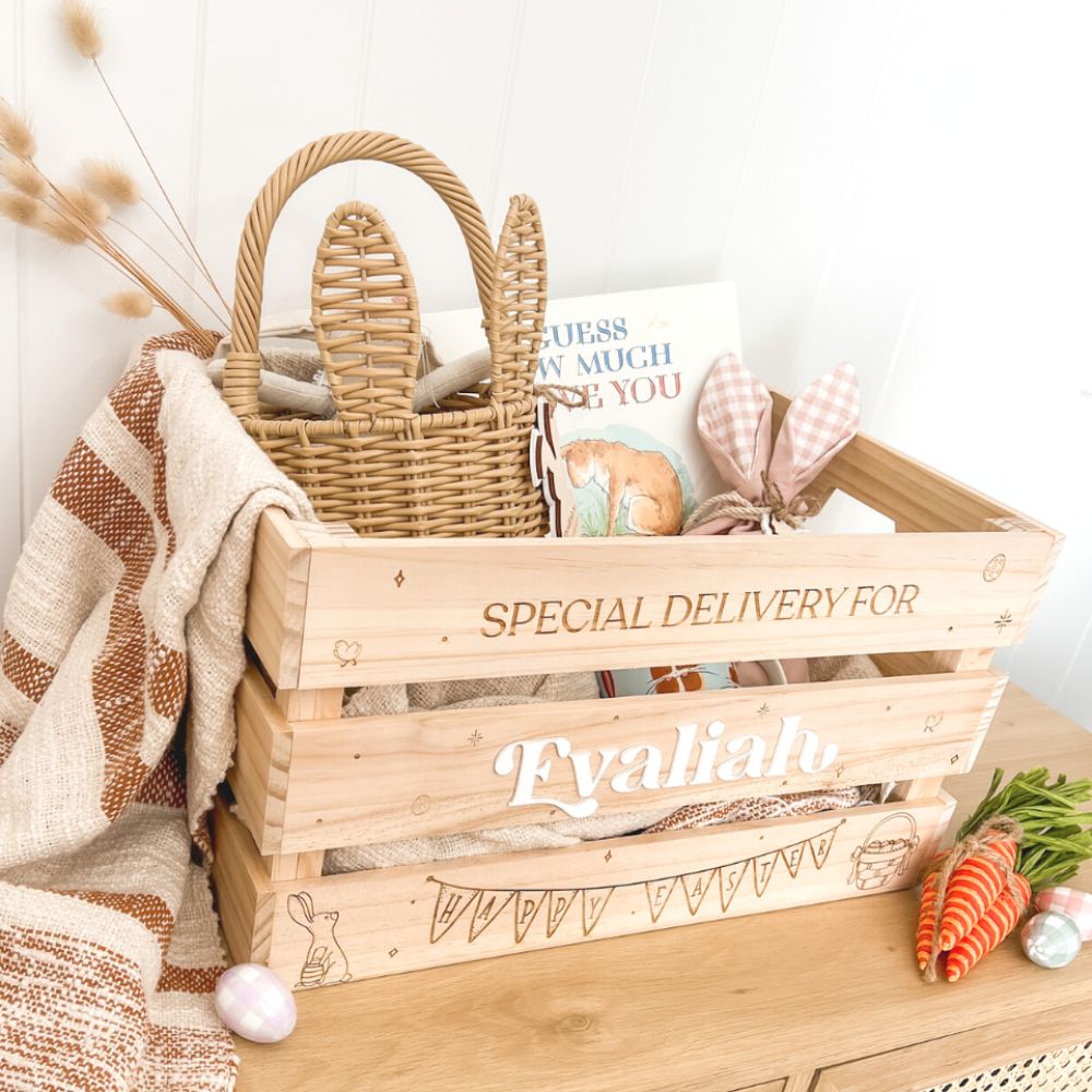 A large Easter Crate box with the text special delivery for. Photo is side view