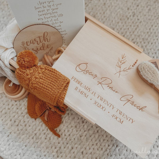 Personalised Large Wooden Baby Keepsake Box with foliage engraving made in Australia