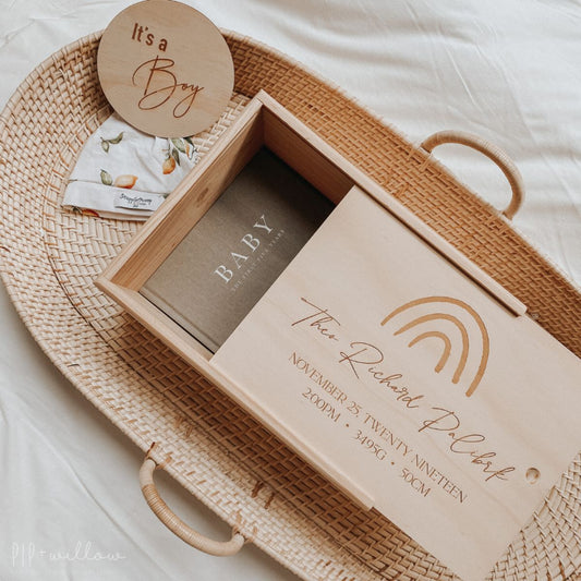 Rainbow personalised baby memory box with engraved boho arches made in Australia