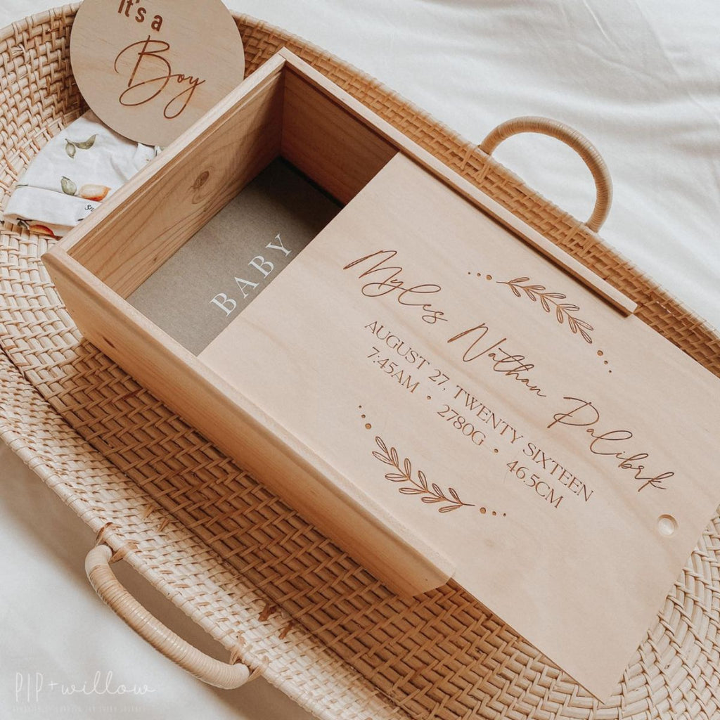 Large wooden wedding keepsake box showing the botanical design option