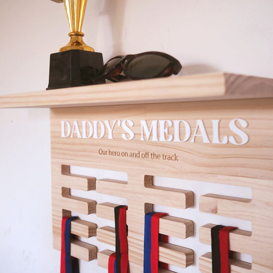 Personalised Wooden Medal Hanger with Trophy Shelf and 1st Place Trophy - Handcrafted by Pip and Willow Australia. Close up view