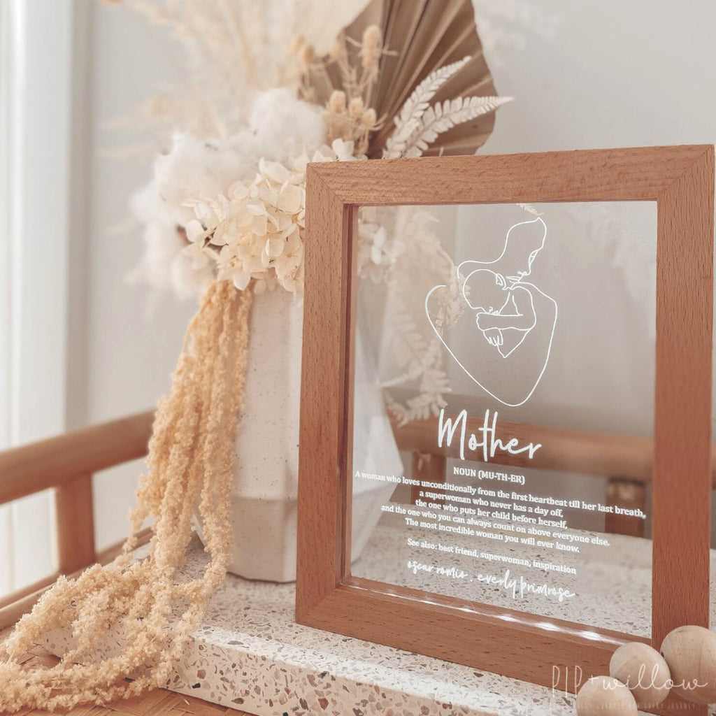 This is a Mother frame light normally given as a gift for Mother's day. The text on the frame is about a definition of a Mother. This is a side view photo of the item