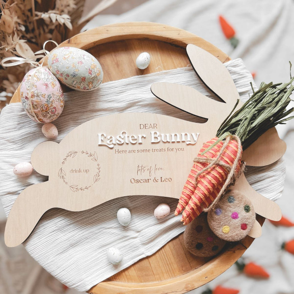 Personalised Treat Board Tray for the Easter Bunny. This is shaped like a jumping rabbit