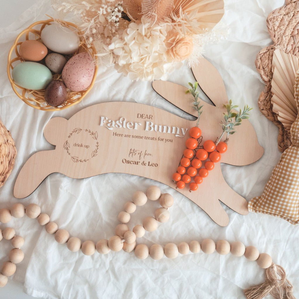 Personalised Easter Treat Board for the Easter Bunny. This is in bunny shape showing fake carrots