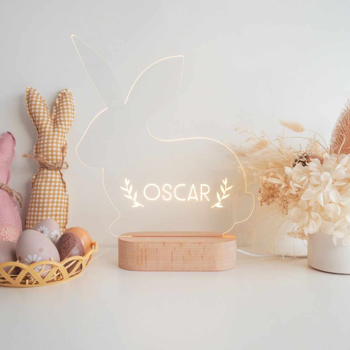 Personalised bunny shape Easter LED night light. Front View