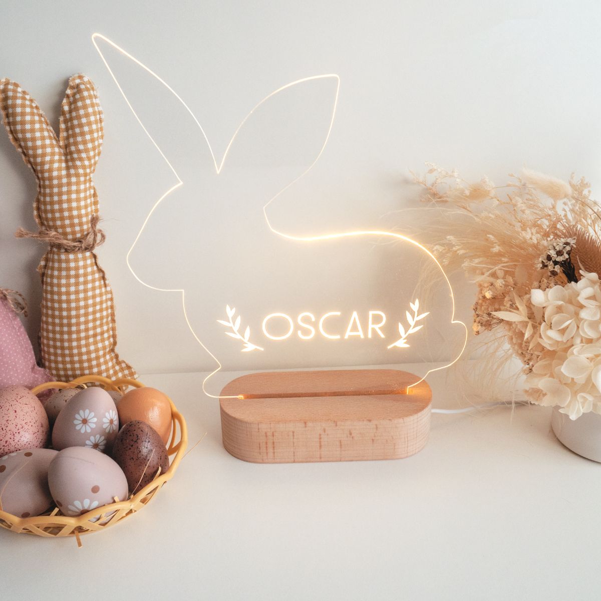 Personalised bunny shape Easter LED night light. Top view