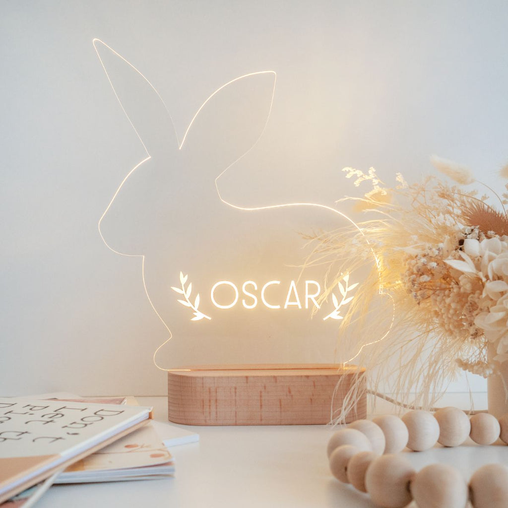 Personalised bunny shape Easter LED night light. Front View with books