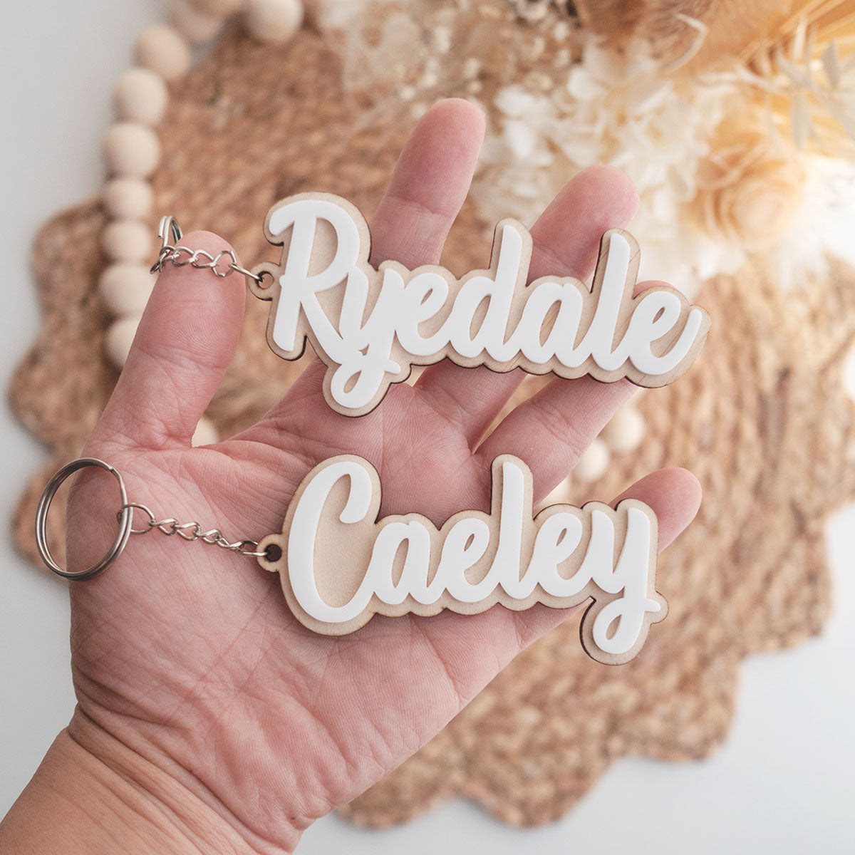 Personalised school bag tag in white acrylic on wood