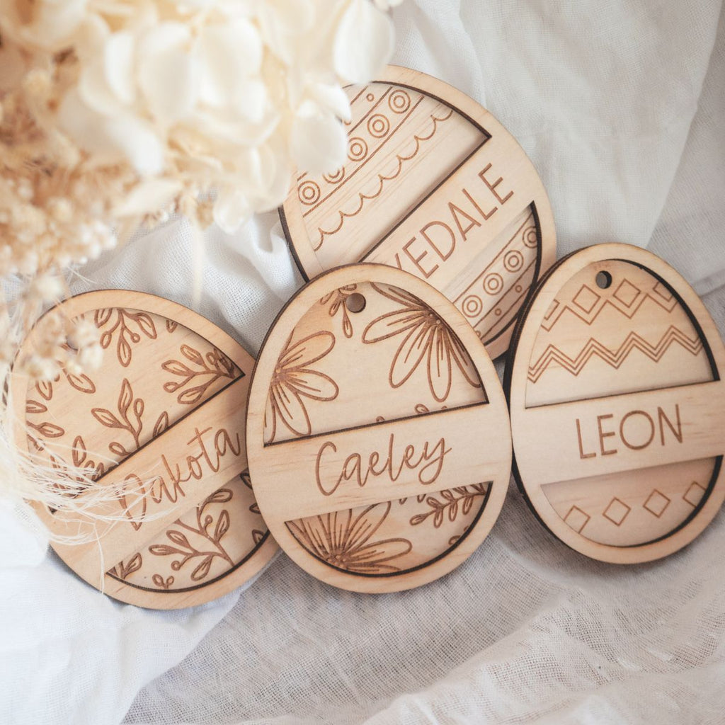 Wooden Easter basket tags in four designs - leaf, floral, curves and zigzag