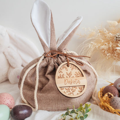 Wooden Easter Basket Tags - leaf design on a small treat bag