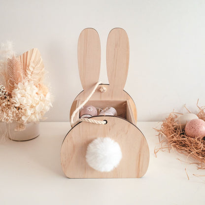 Wooden Easter Bunny Basket - pompom tail view
