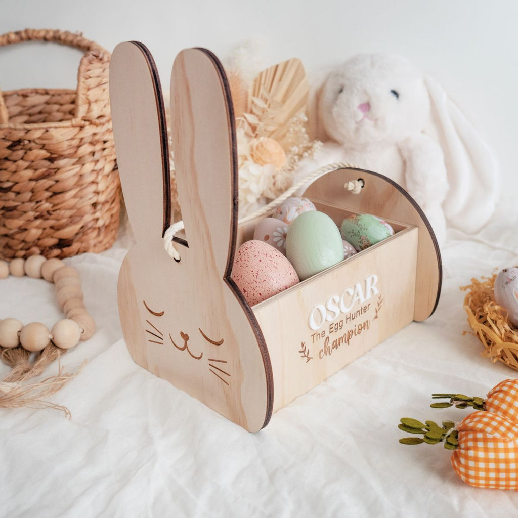 Wooden Easter Bunny Basket - side view with personalised name