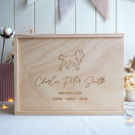 Lion line-art engraved personalised wooden baby memory box made in Australia. Front view photo