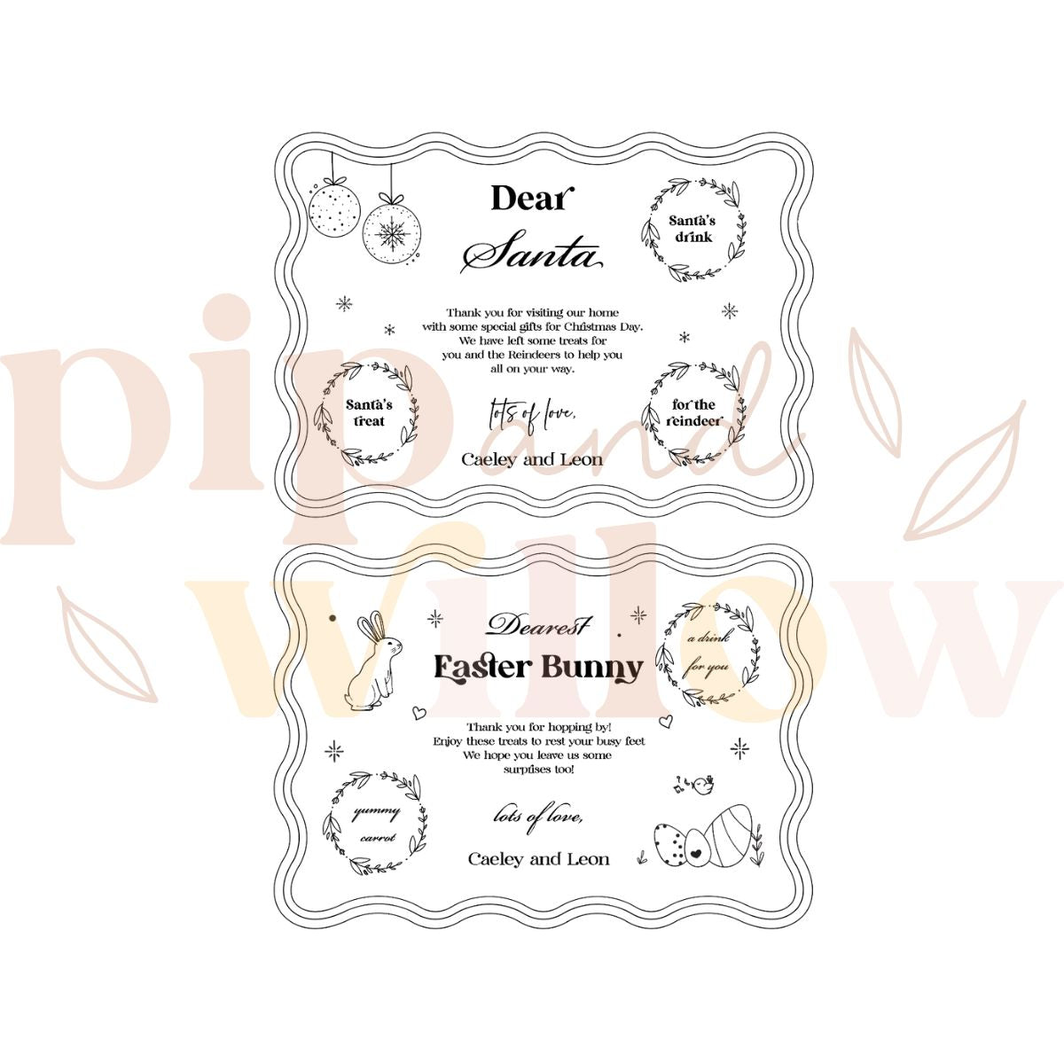 Two letter templates for 'Dear Santa' and 'Dearest Easter Bunny' on a white background with decorative elements.