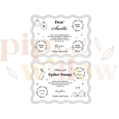 Two letter templates for 'Dear Santa' and 'Dearest Easter Bunny' on a white background with decorative elements.