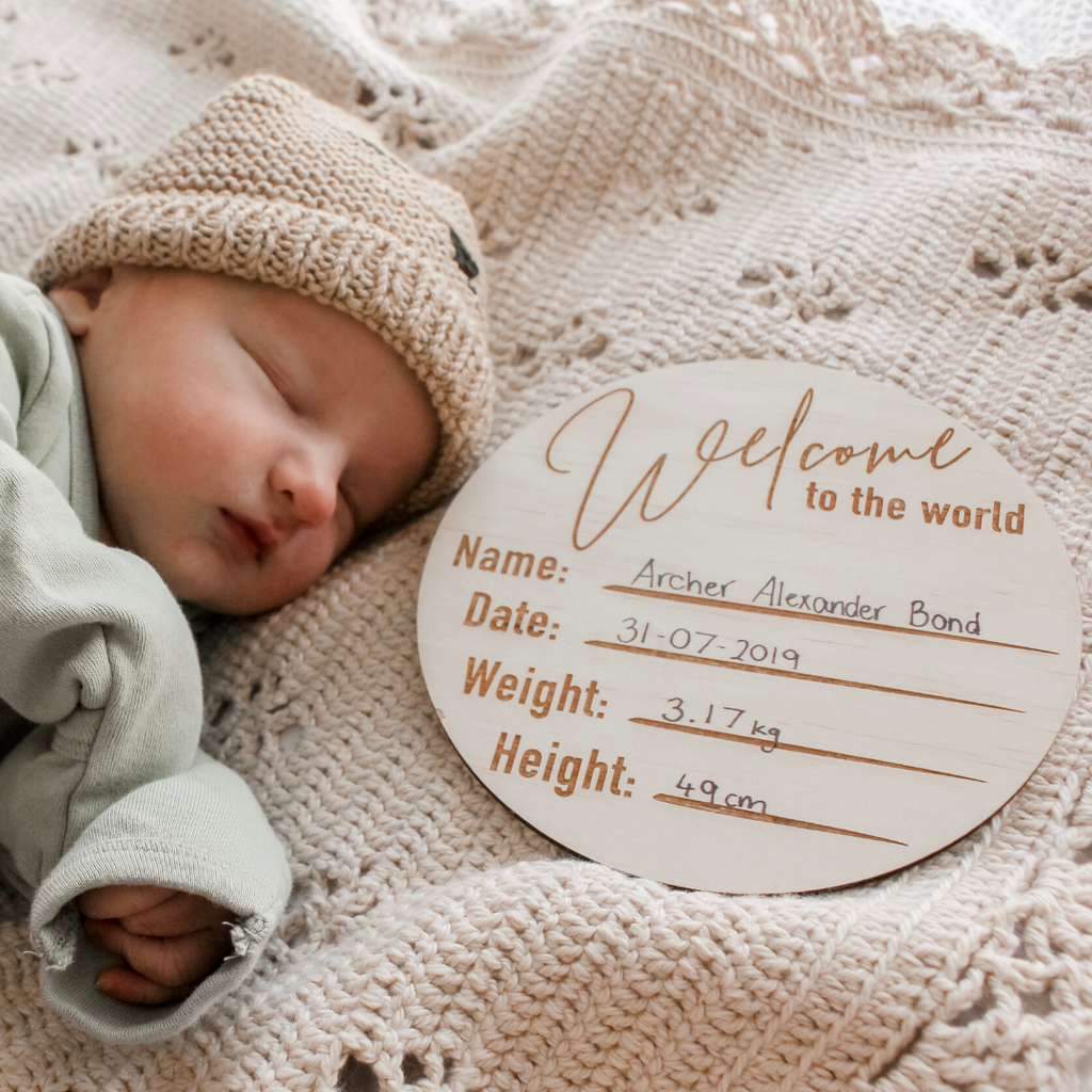 'Welcome To The World' - Wooden Birth Announcement Disc